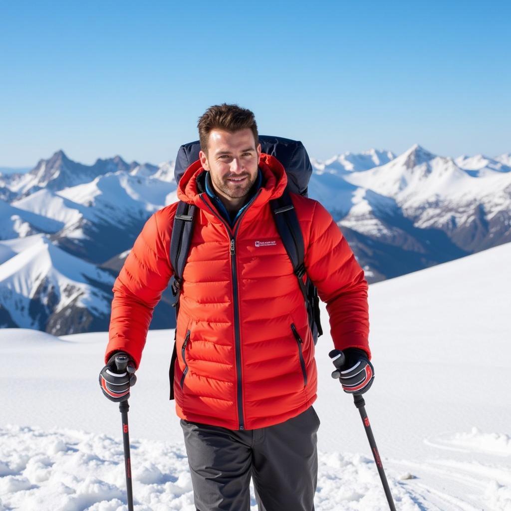 A man wearing an Outdoor Research men's down jacket hiking in a snowy mountain landscape