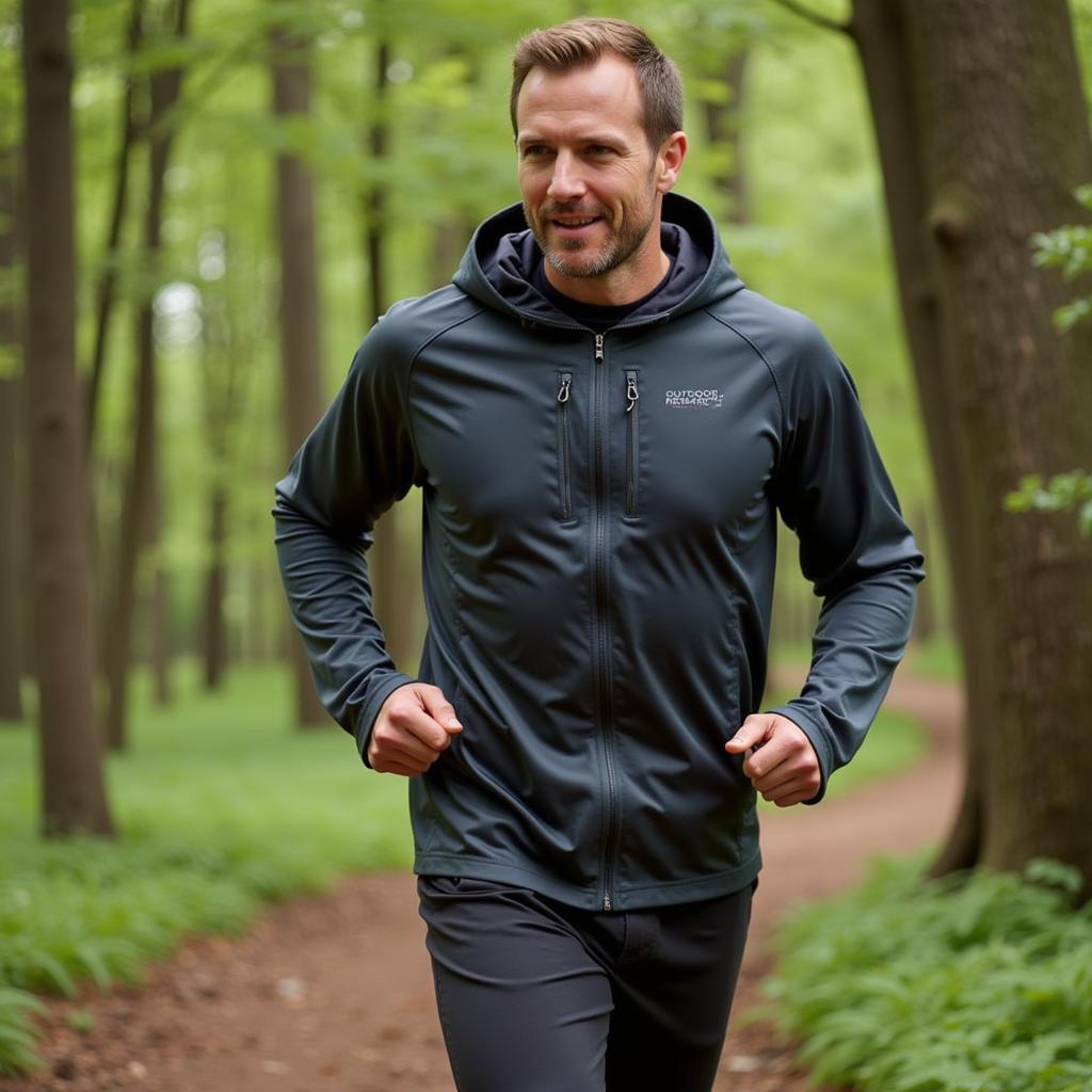 Man trail running in the Outdoor Research Men's Echo Hoodie