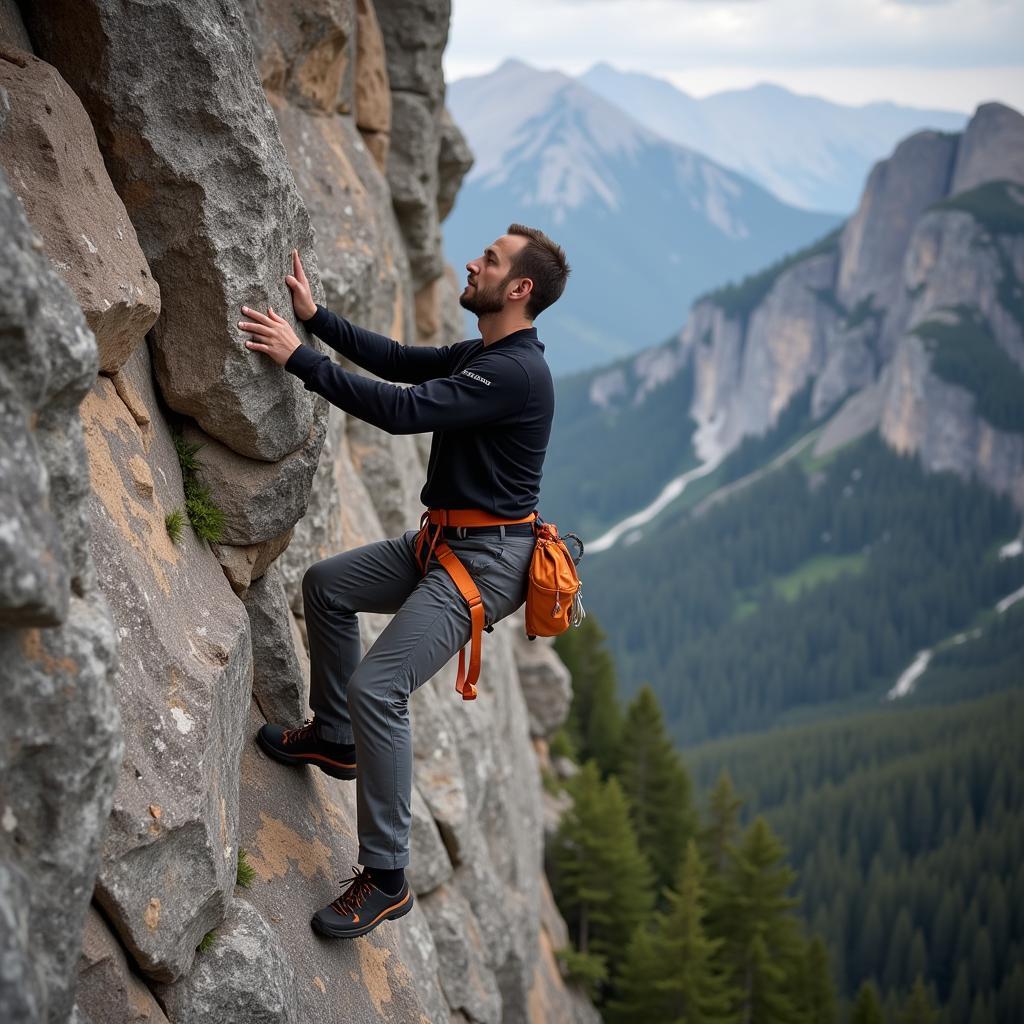 Man climbing a rock face in Outdoor Research pants