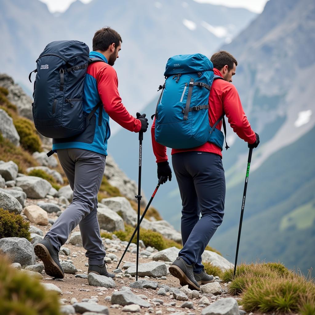 Men hiking in Outdoor Research pants on rocky terrain