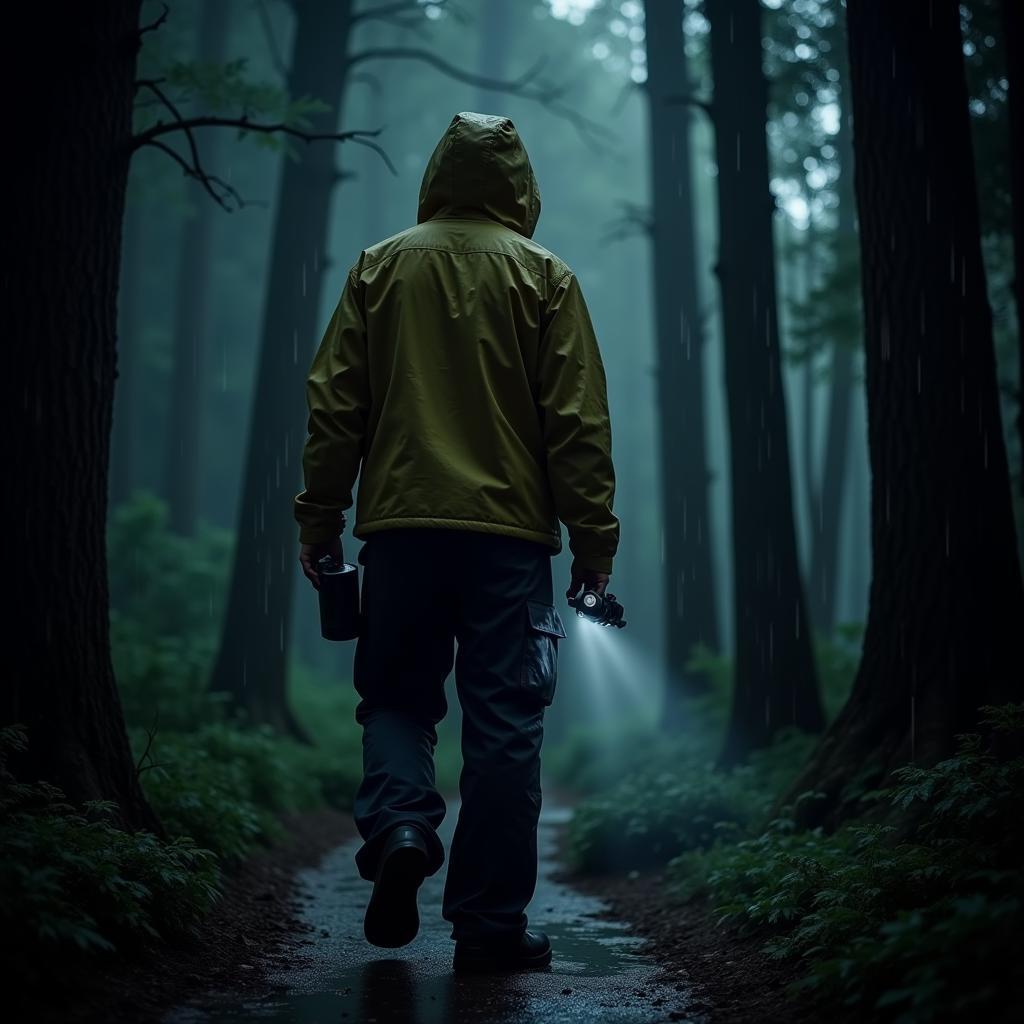 Paranormal investigator wearing outdoor research pro rain gear in a dark forest