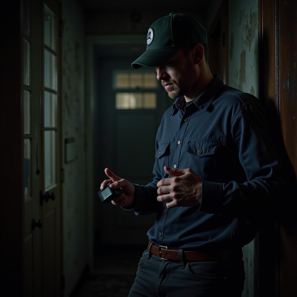 Paranormal Investigator Wearing Outdoor Research Radar Pocket Cap in Abandoned Building