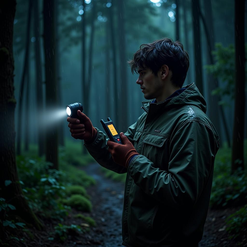 Paranormal Investigator Wearing Outdoor Research Stormtracker Gloves in the Rain