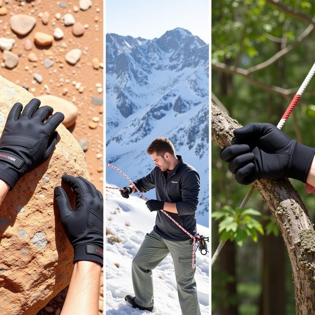 Outdoor research tactical gloves used in different environments: a desert, a snowy mountain, and a forest