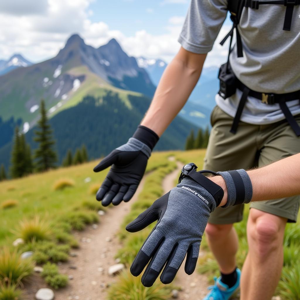 Hiker wearing Outdoor Research Trail Mix Gloves while navigating a mountain trail.