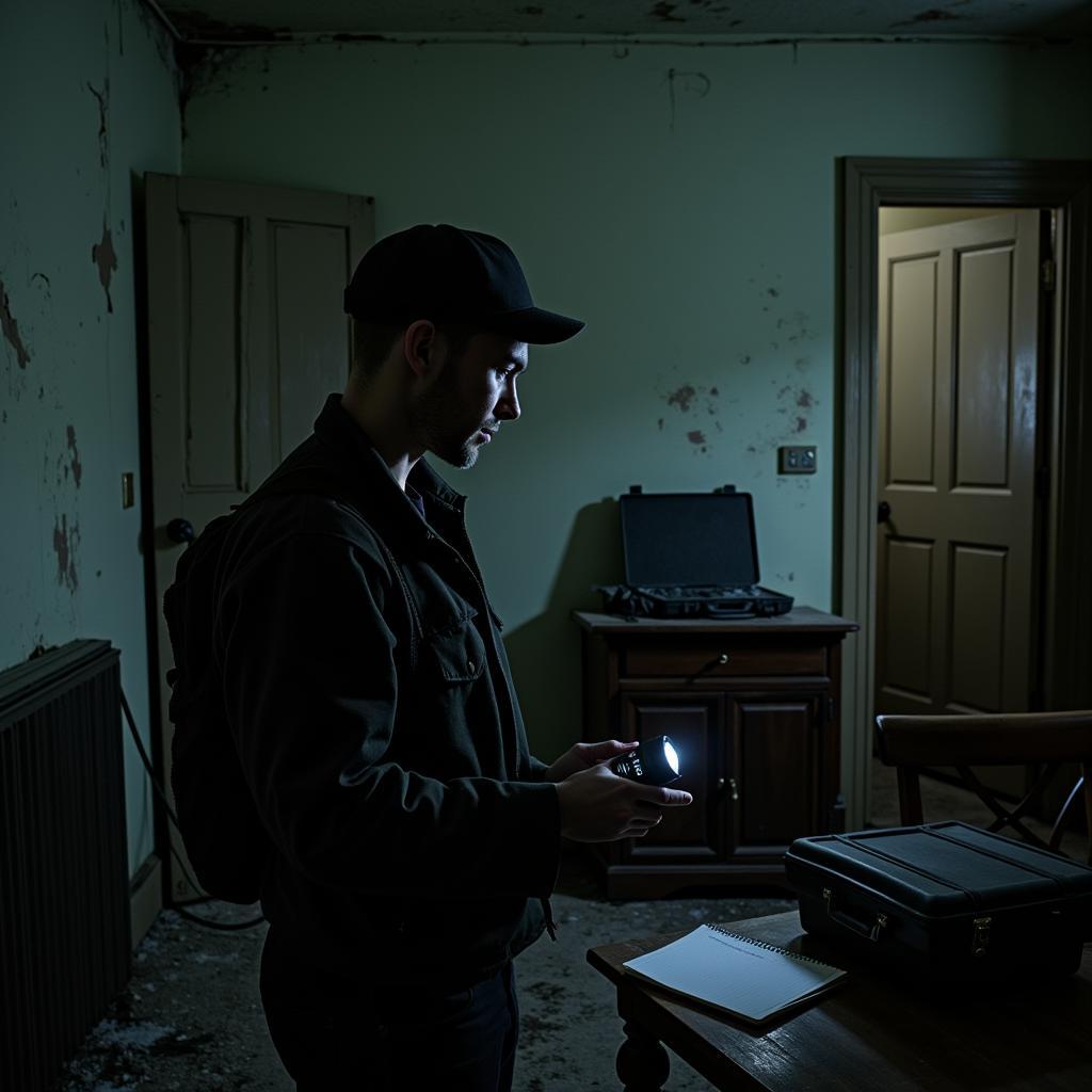 Paranormal Field Researcher Investigating a Haunted House