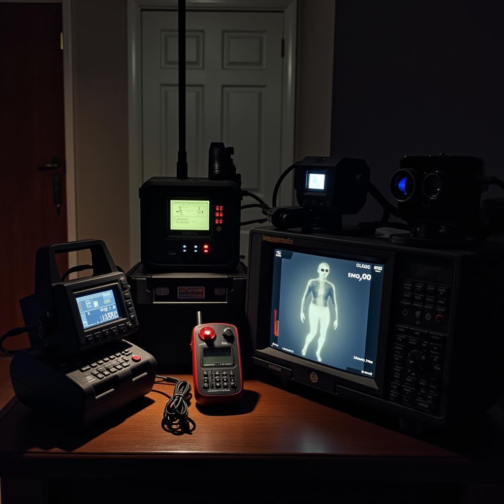 Paranormal investigation equipment set up in a room at 200 Research Drive, Wilmington, MA