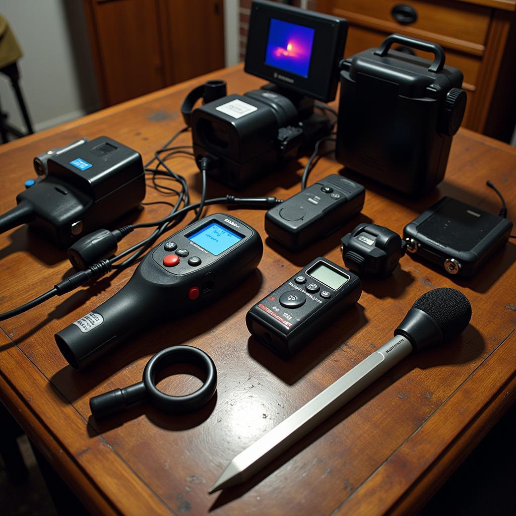 Various paranormal investigation tools laid out on a table, including an EMF meter, a digital voice recorder, and a thermal imaging camera. This image showcases the technology used to explore and document paranormal activity.