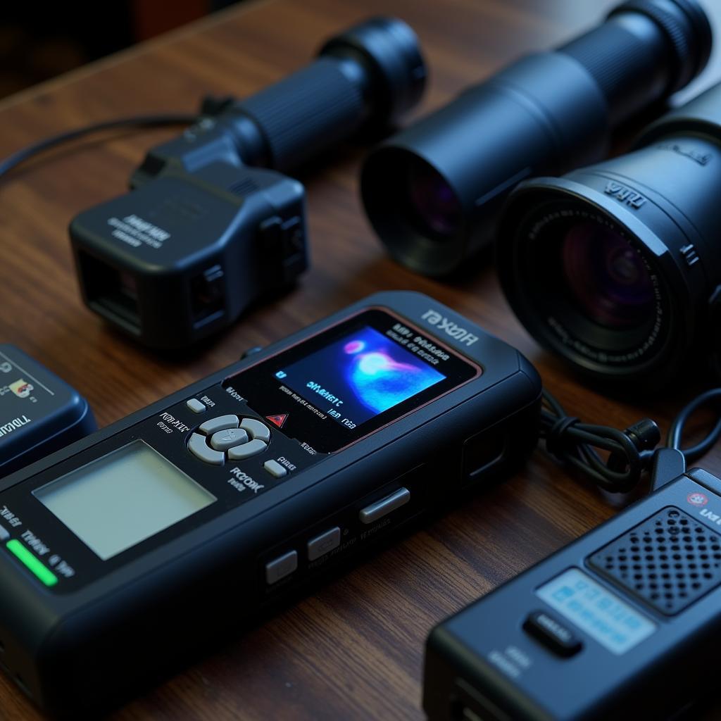 Paranormal investigation equipment including EMF readers, EVP recorders and cameras.