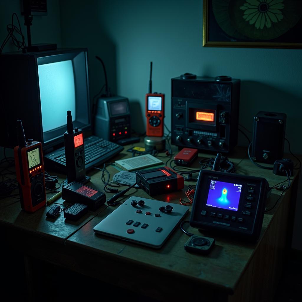 Paranormal investigation equipment setup in a room