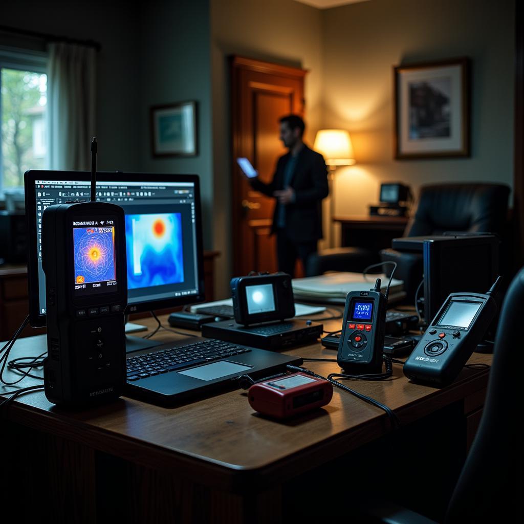 Paranormal investigation equipment setup inside 100 Research Drive