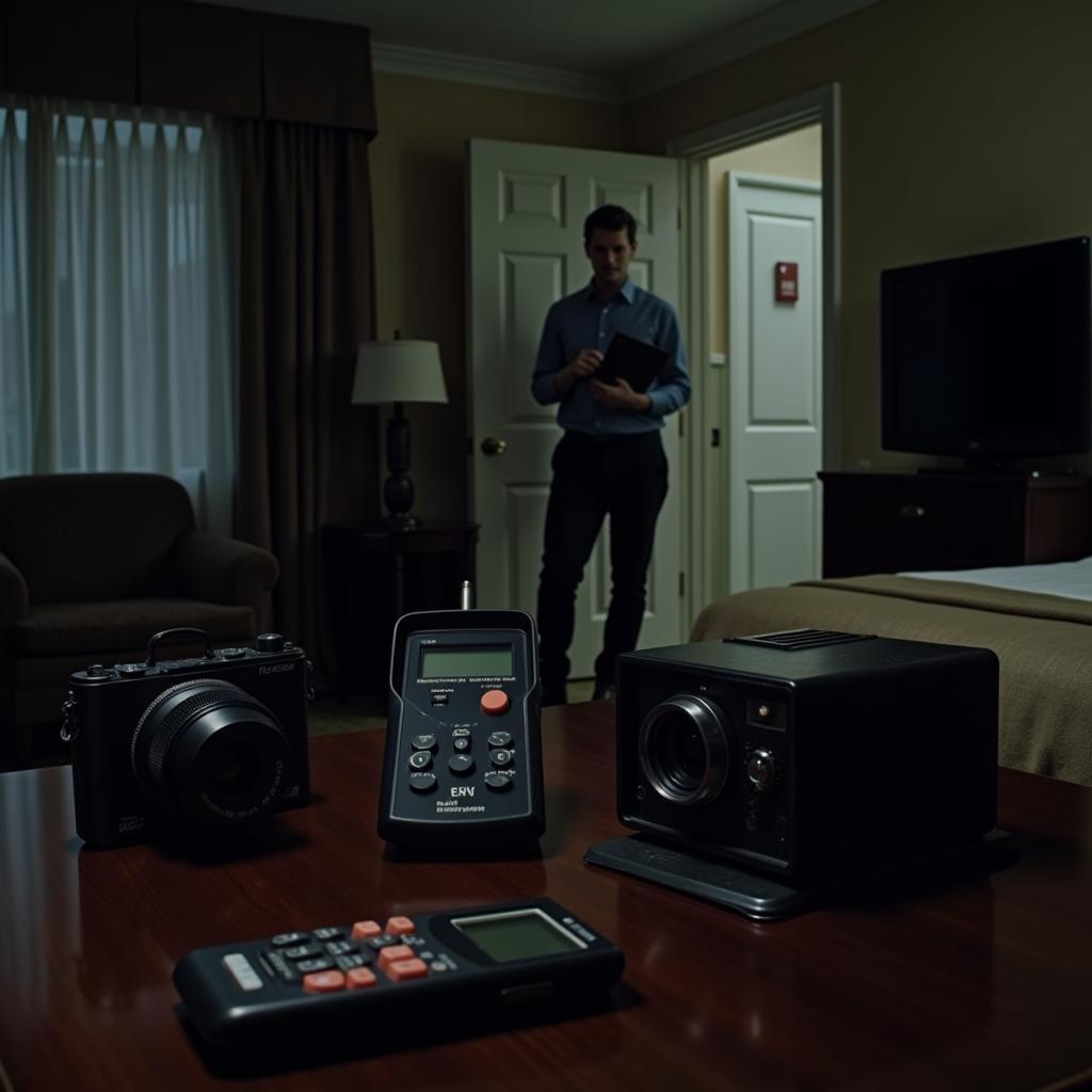 Paranormal Investigation Equipment Setup in a Hotel Room