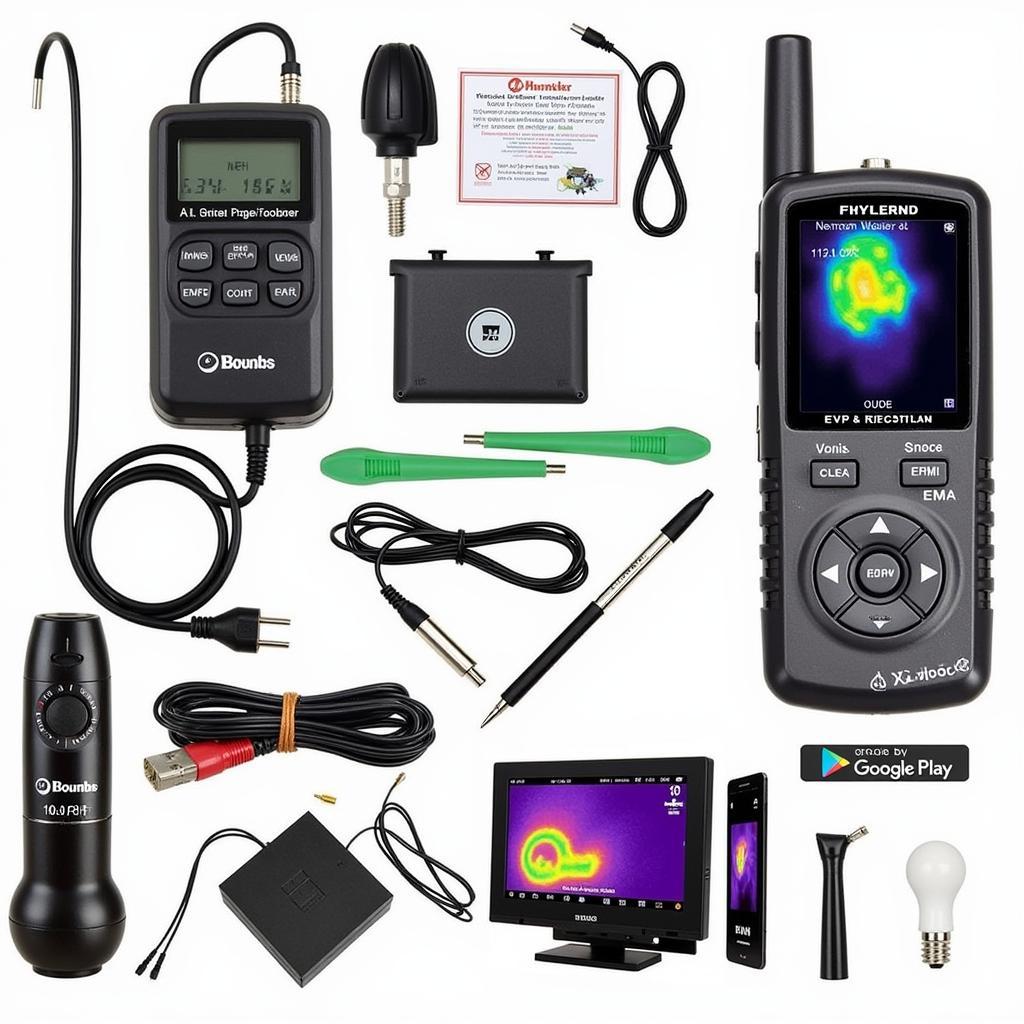 Paranormal investigation equipment including EMF meters and EVP recorders.