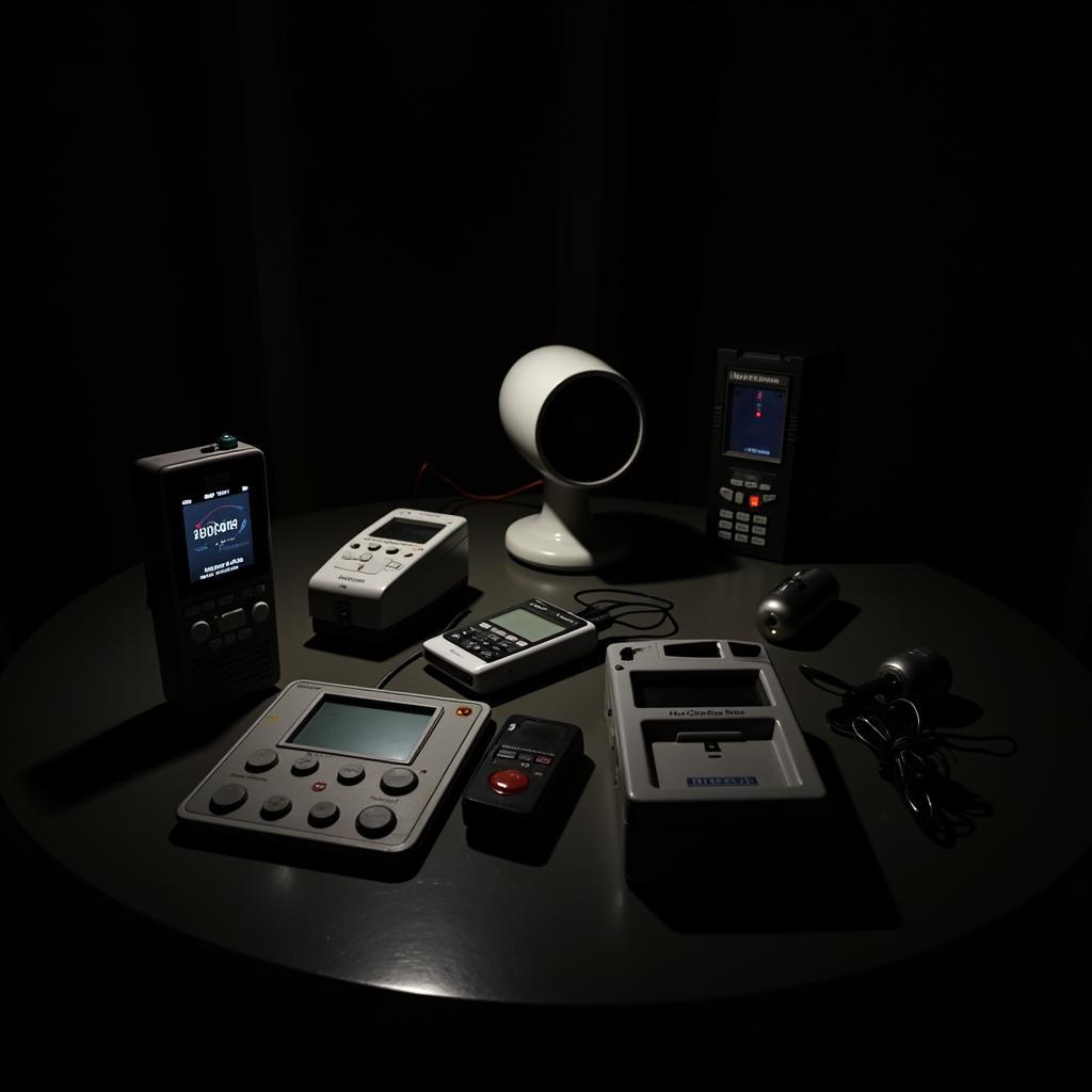 Various paranormal investigation equipment set up in a dark room.