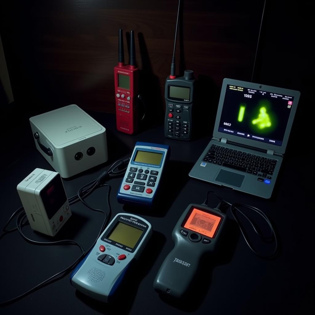 Paranormal investigation equipment set up for a nighttime investigation.