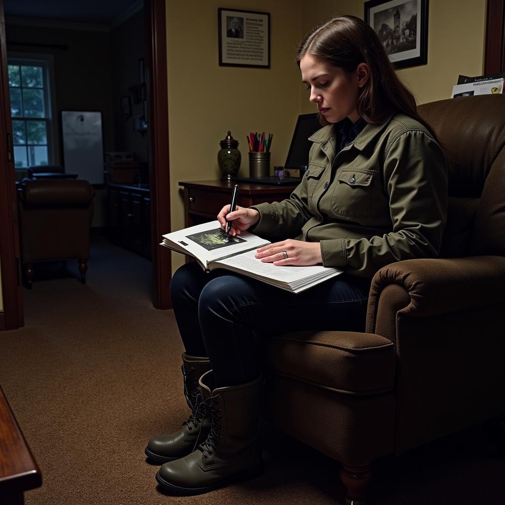 Paranormal investigator examining evidence, wearing outdoor research booties for comfort