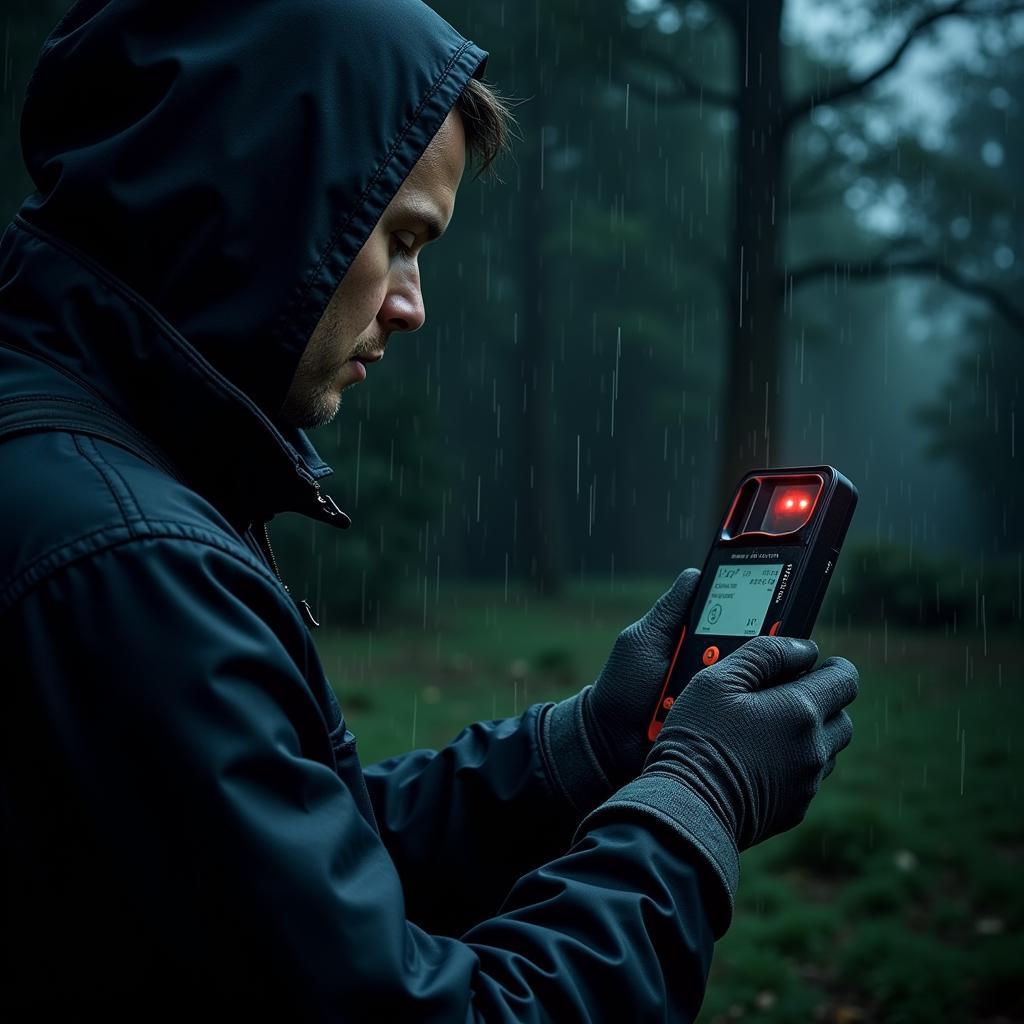 Paranormal investigator using an EMF reader in stormy weather with Outdoor Research Stormtracker gloves