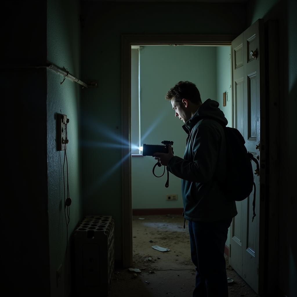 Paranormal Investigator Using Equipment While Wearing Outdoor Research Foray Jacket