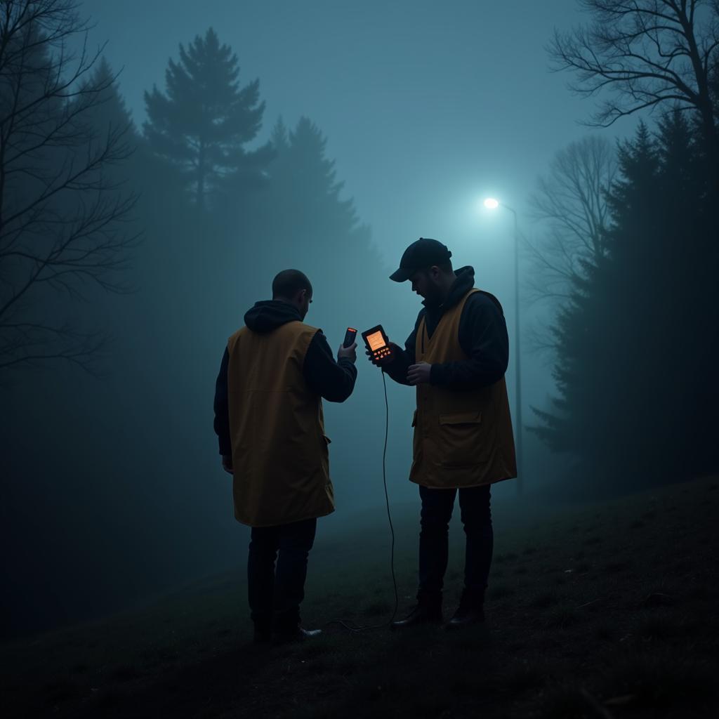 Paranormal investigator using equipment while wearing outdoor research bibs in a dimly lit, foggy environment.