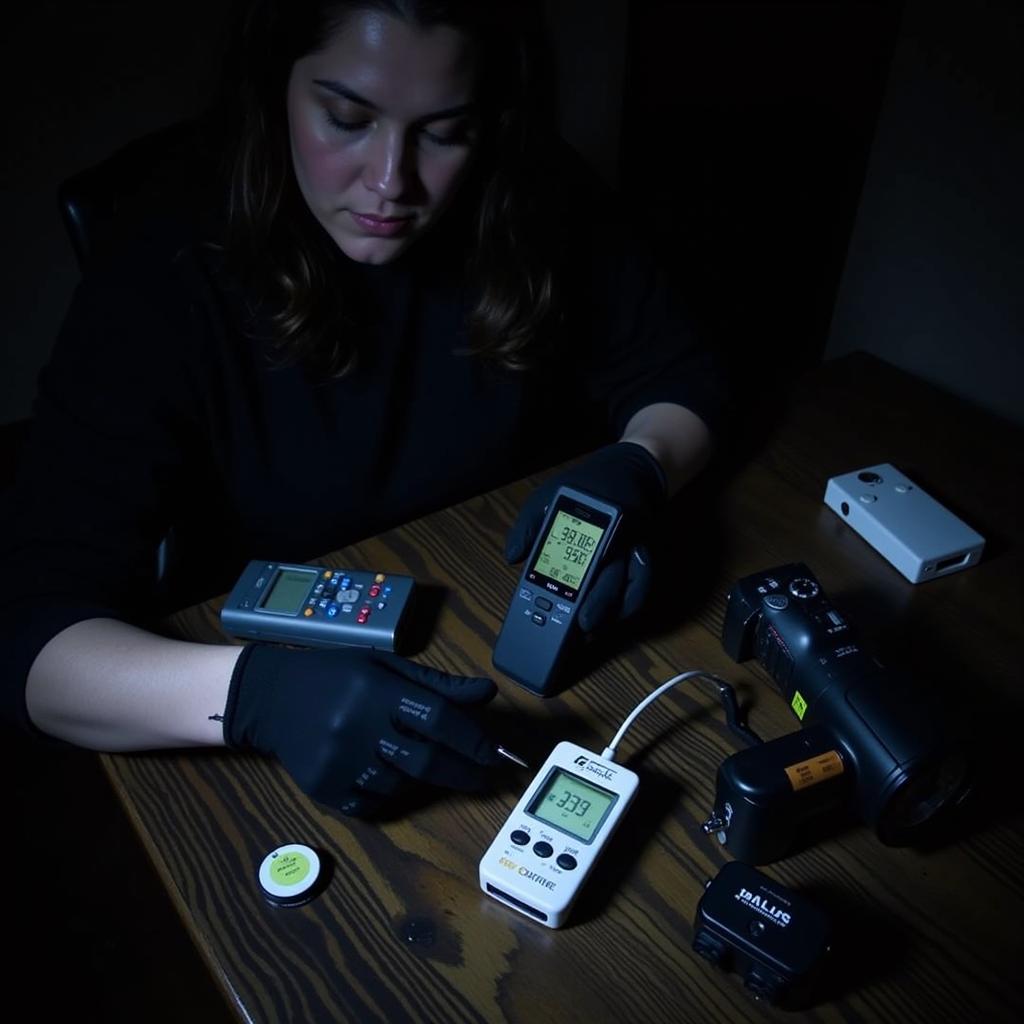 Paranormal Investigator Using Equipment with Gloves