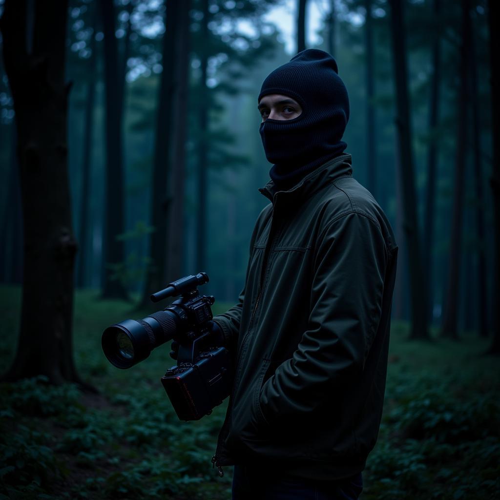 Paranormal investigator equipped with gear, wearing an outdoor research balaclava in a dark forest