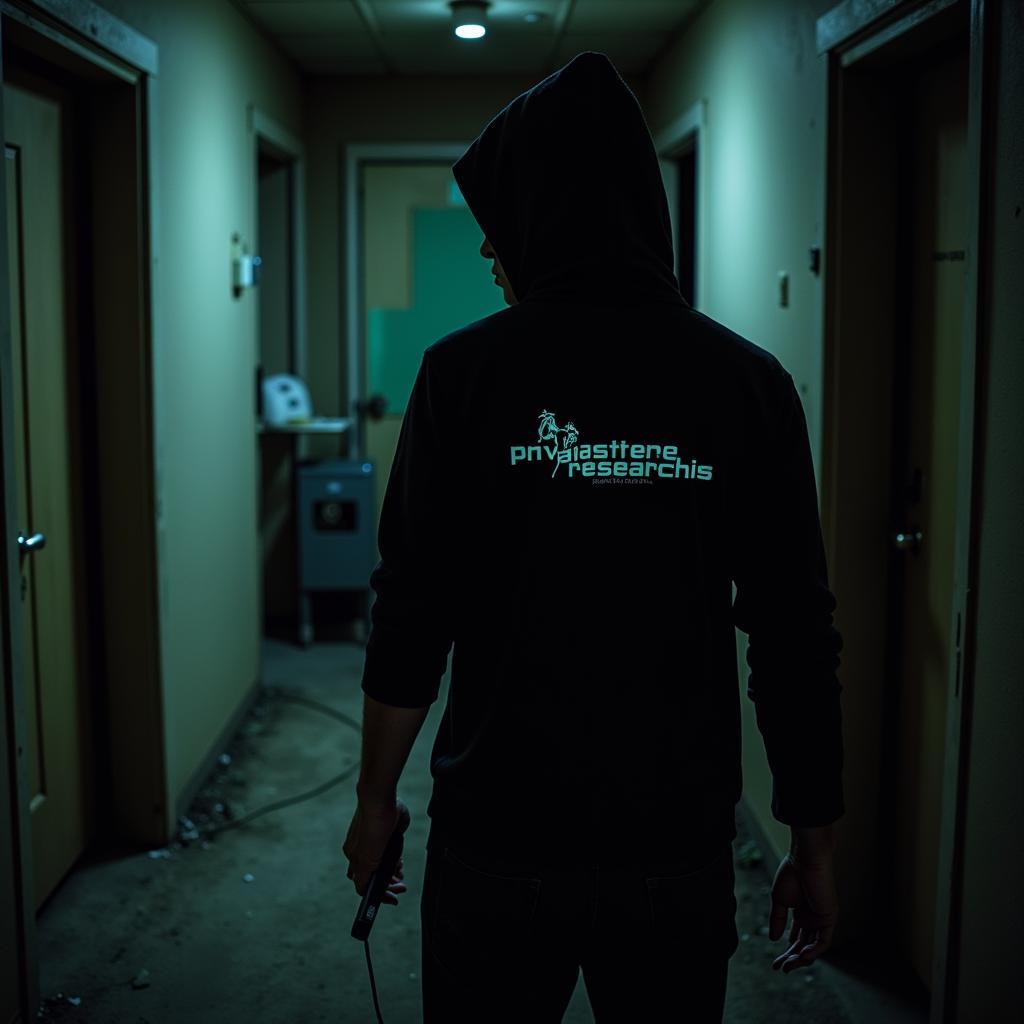 Investigator wearing Outdoor Research Echo Hoodie inside an abandoned building