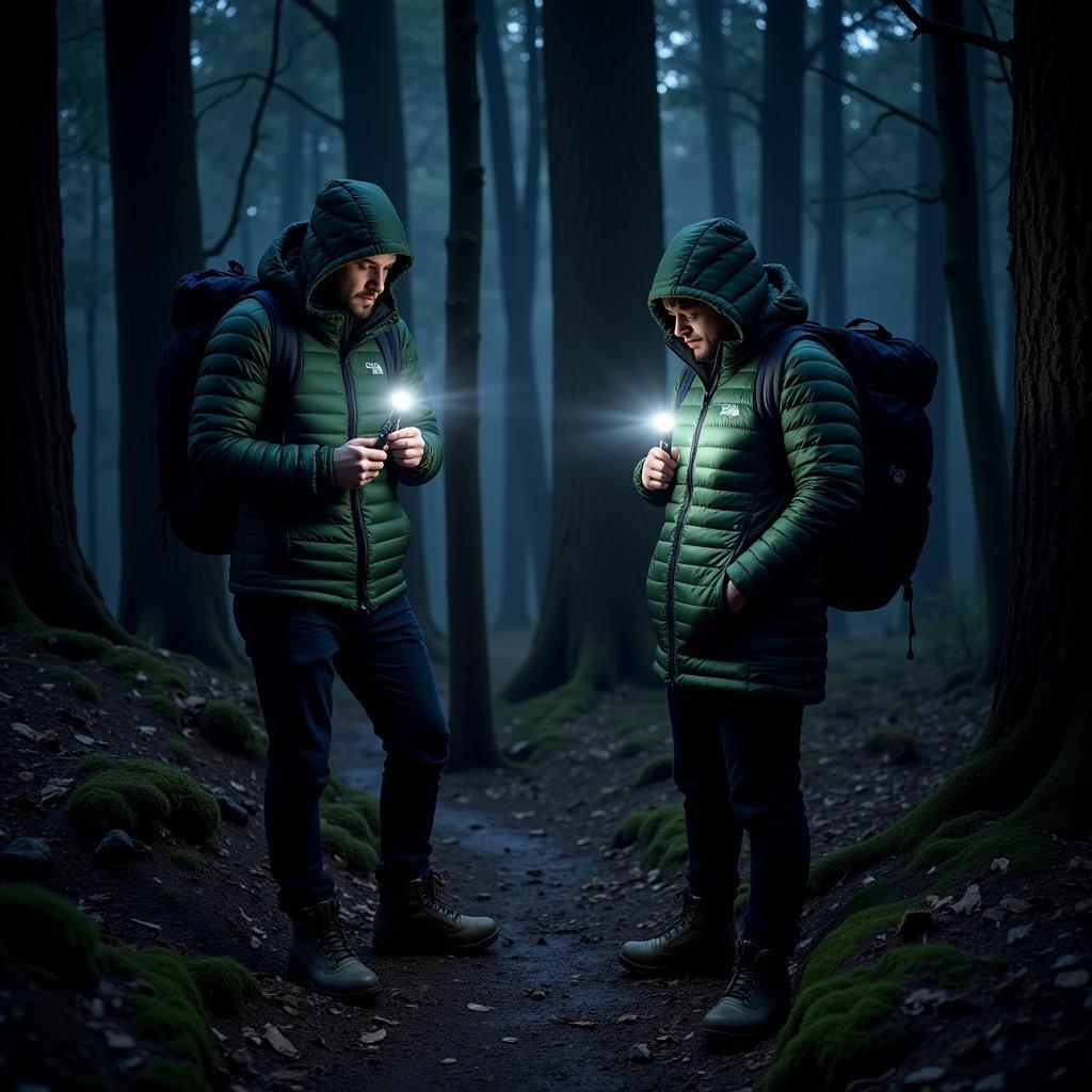 Paranormal Investigators with Outdoor Research Down Gear in Forest