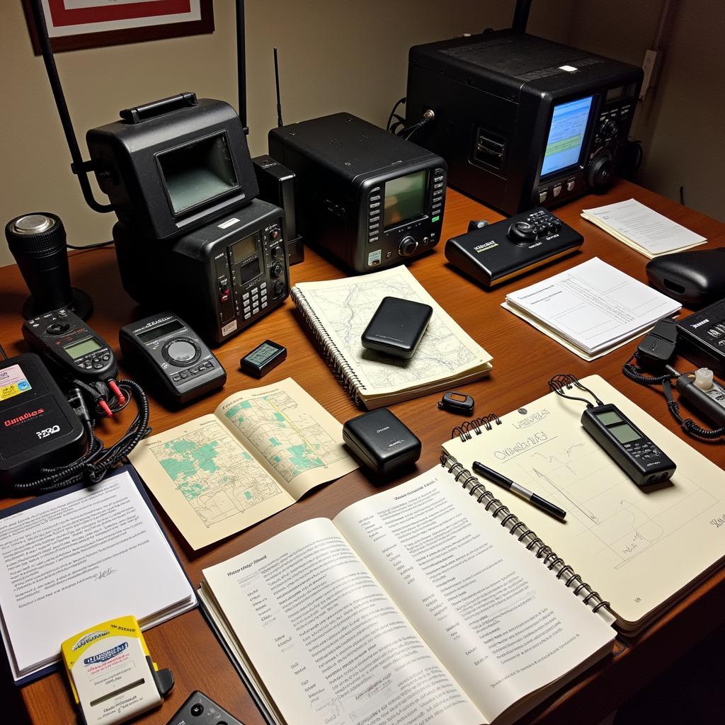 Paranormal research equipment and documentation laid out on a table