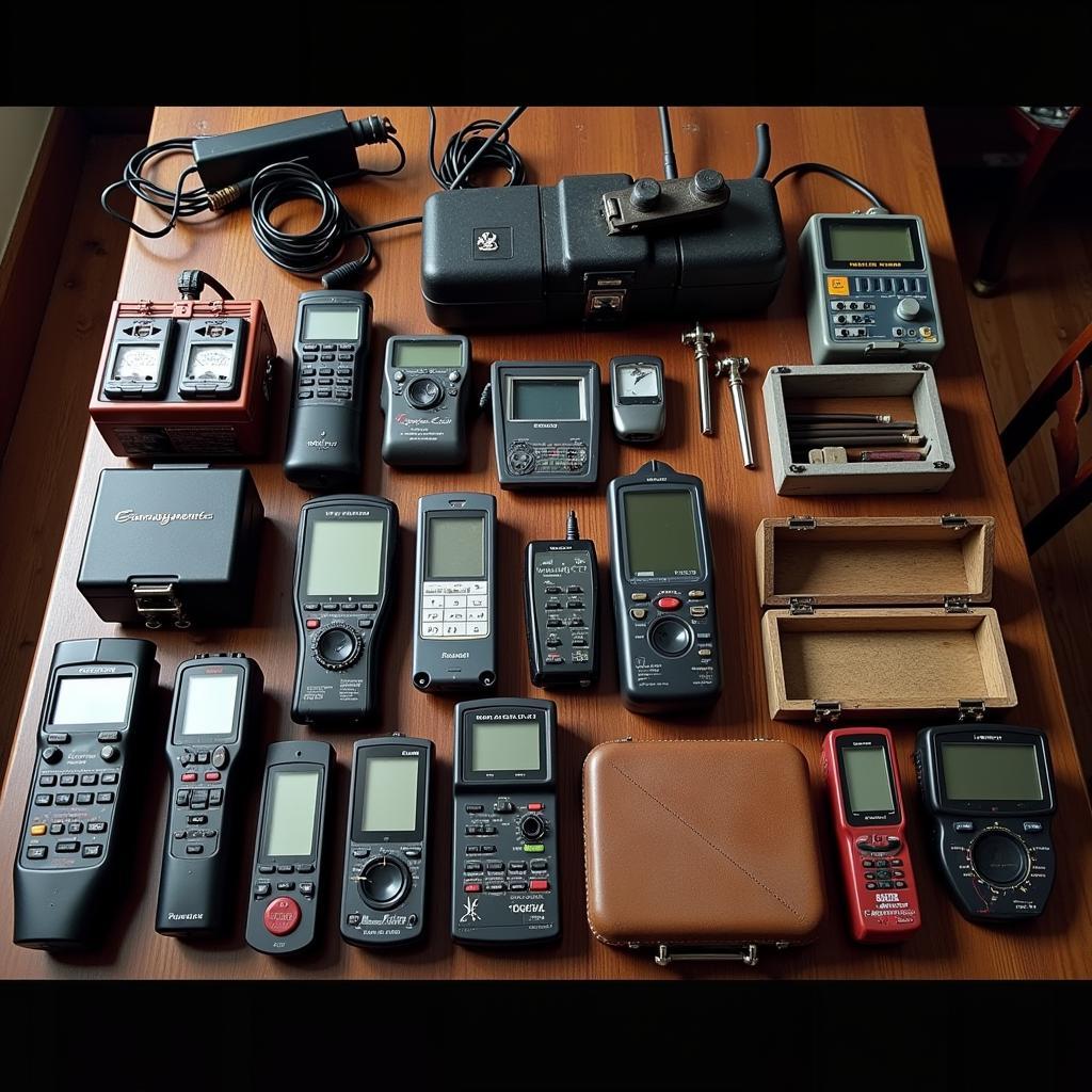 A collection of paranormal research tools, including EVP recorders, EMF meters, and infrared cameras, laid out on a table.