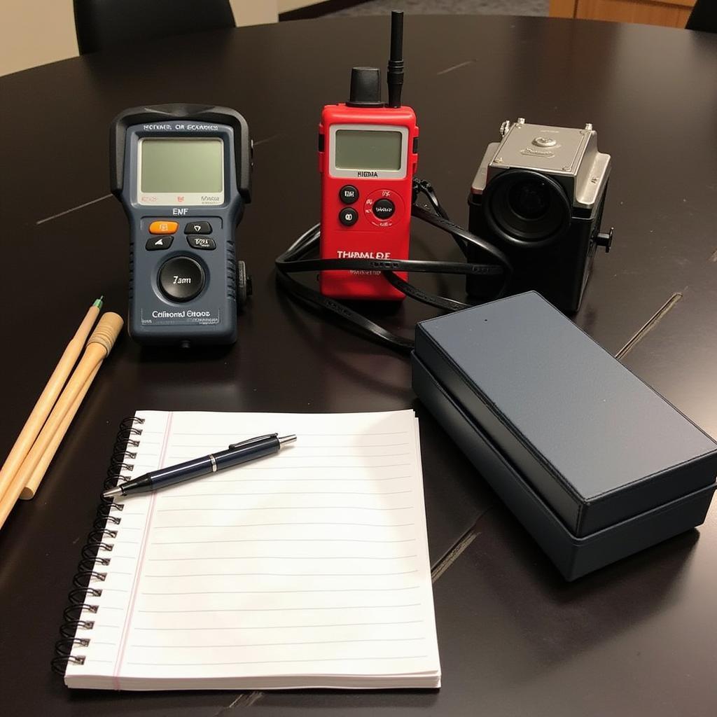 Various paranormal research equipment laid out on a table during a training session