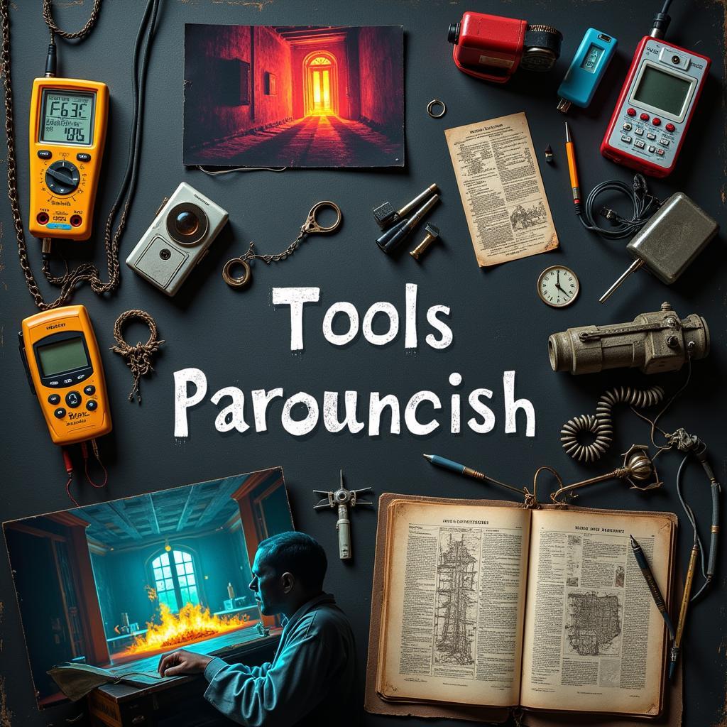 Paranormal Research Methodologies: A depiction of various research methods used in paranormal investigations, including EMF meters, EVP recorders, and thermal cameras.