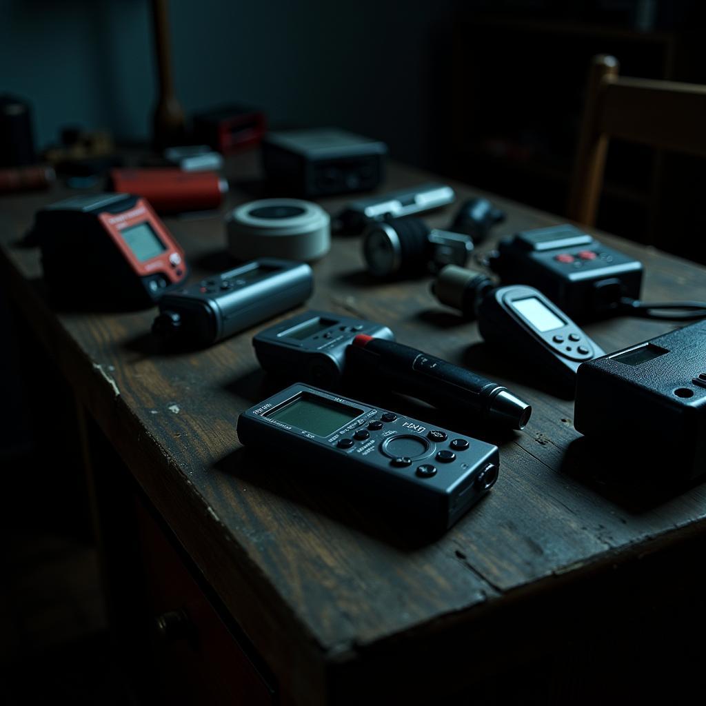 Paranormal Research Methods: Illustration of various tools and techniques employed in paranormal investigations, such as EVP recorders, EMF meters, and thermal cameras, to gather data and evidence.