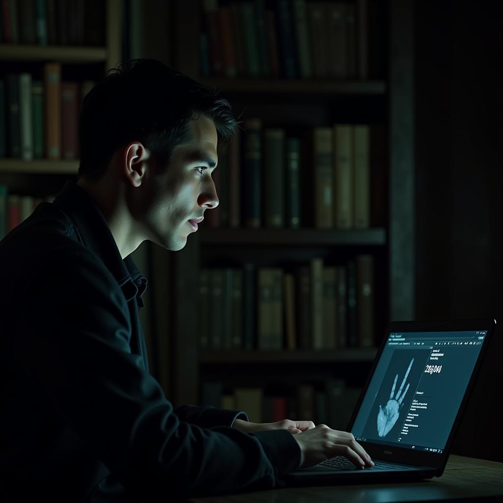 Paranormal Researcher Analyzing Data on Laptop