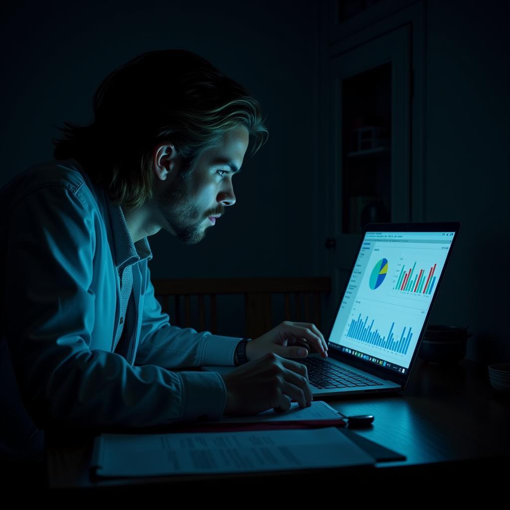 A paranormal researcher analyzing data on a laptop.