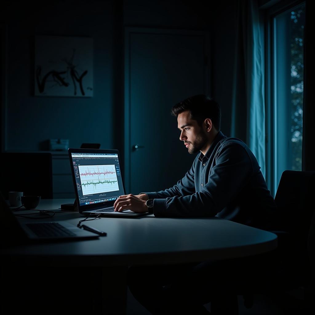 Paranormal Researcher Analyzing Data on Laptop