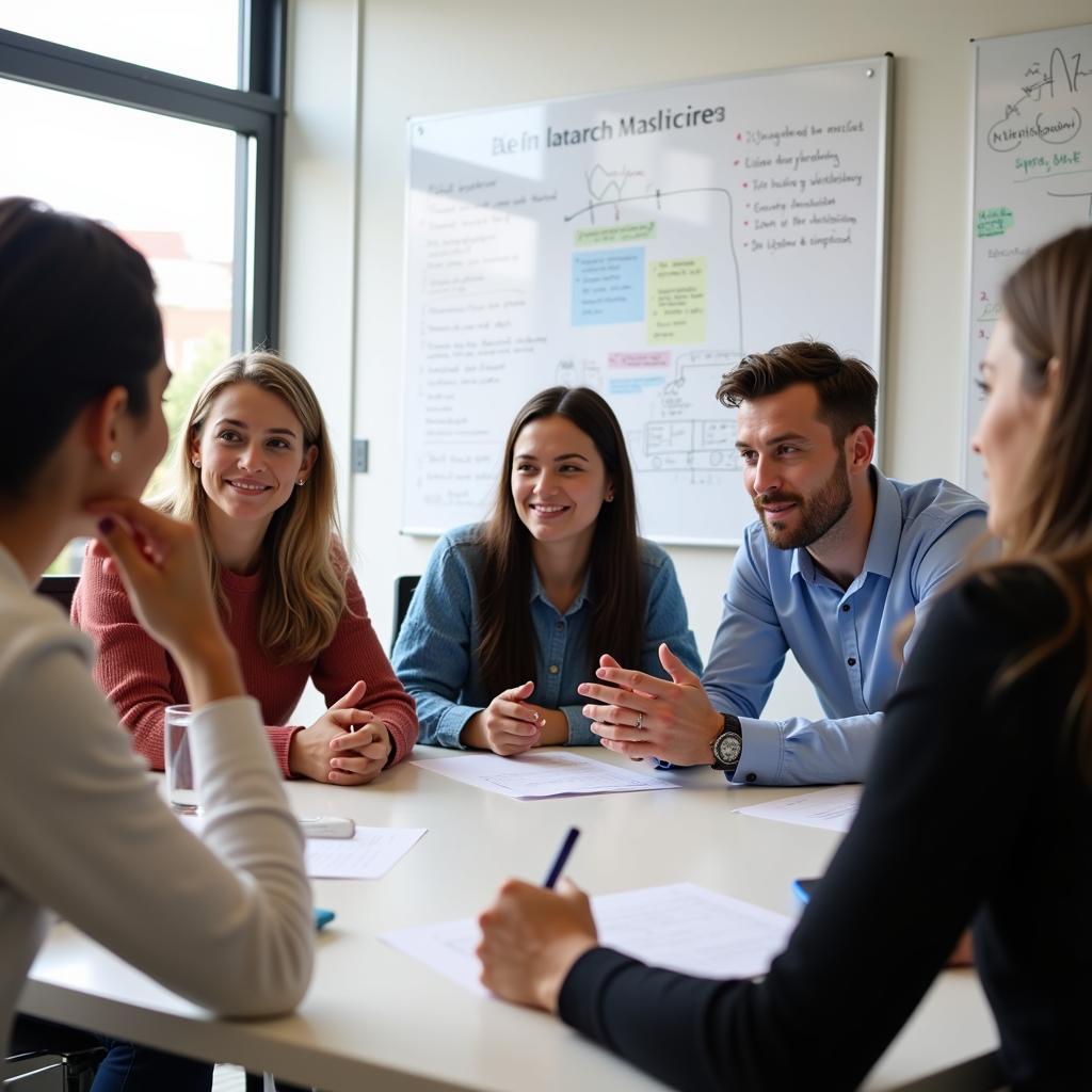 Researchers and patients collaborating in a meeting