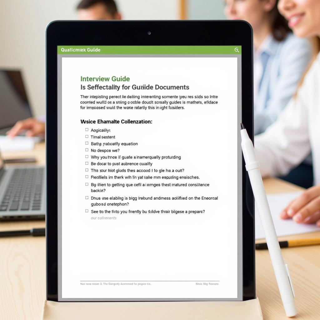 A researcher reviewing a sample interview guide for qualitative research in PDF format on a tablet.
