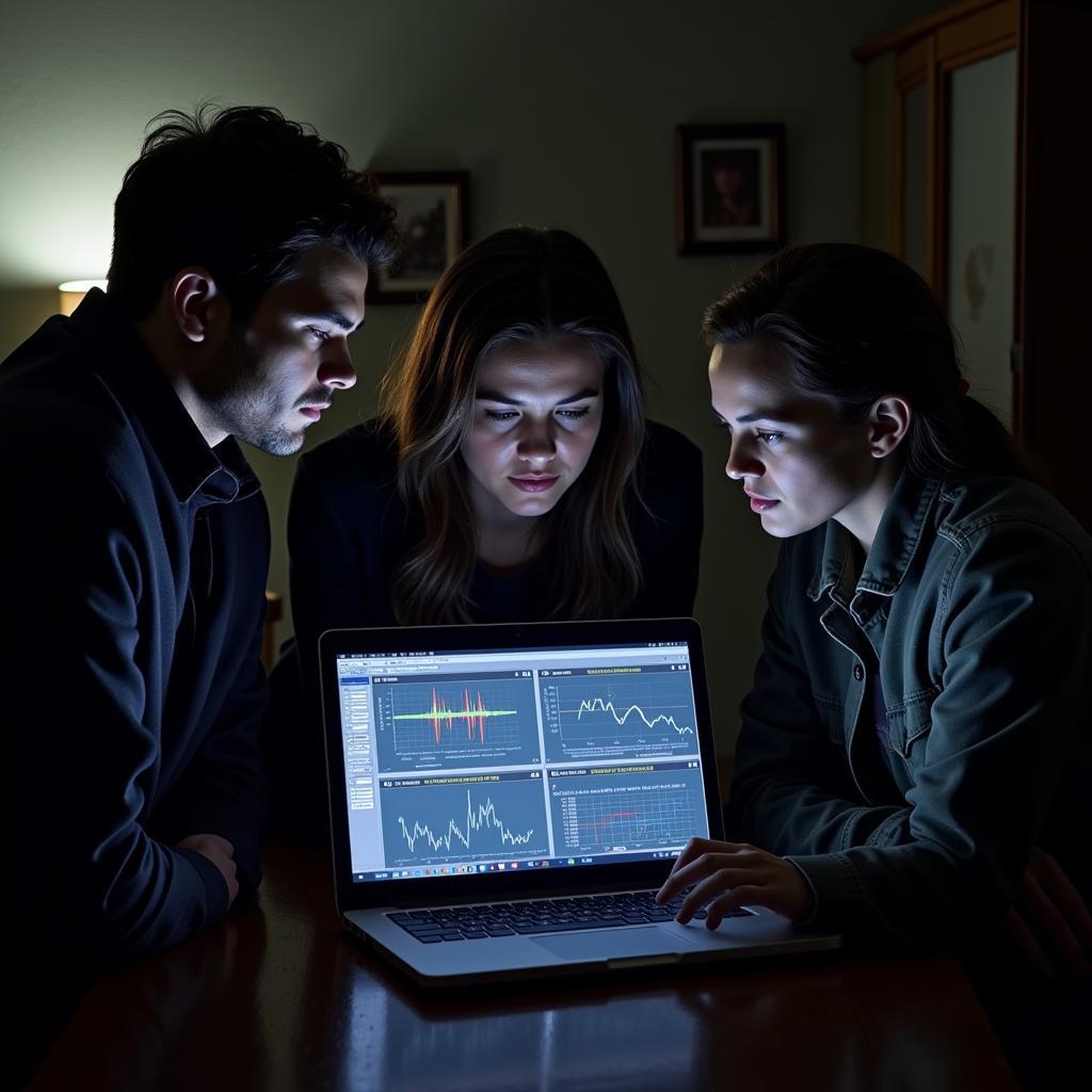 Paranormal investigators reviewing data collected during a peer research session.