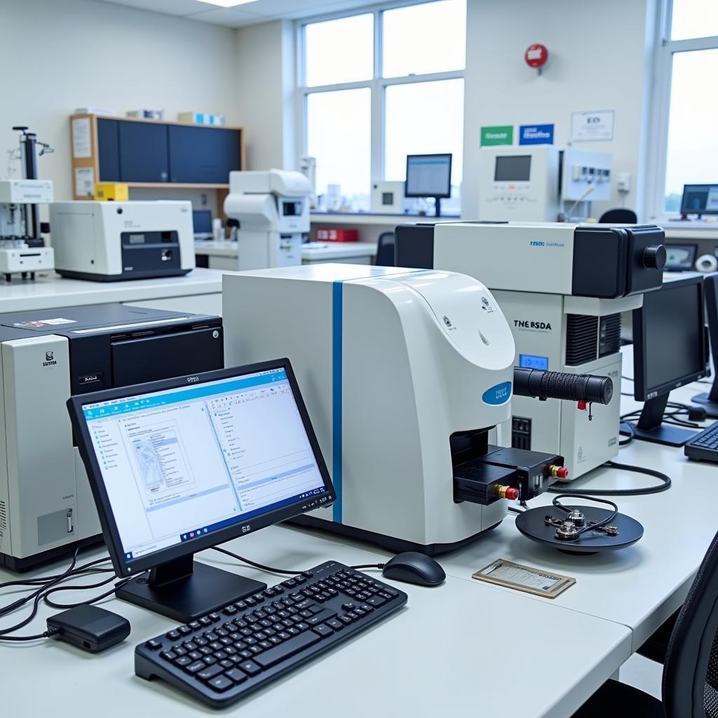 A close-up view of various lab equipment used in pharmacy research.