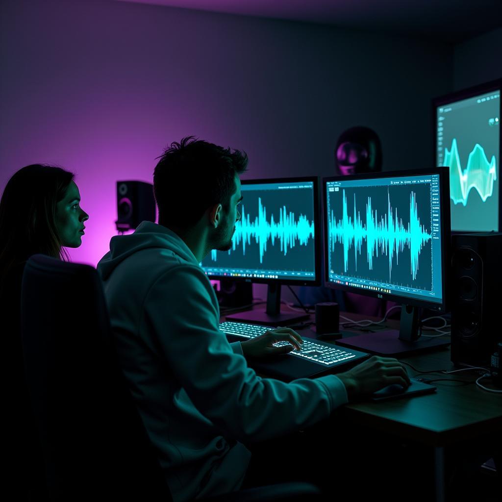 Researchers Analyzing EVP Recordings in a Lab