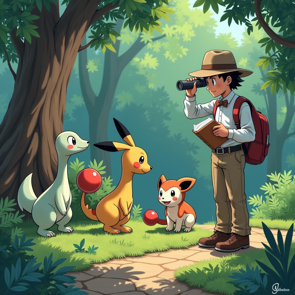 A Pokemon professor conducting field research in a dense forest, observing a group of wild Pokemon.