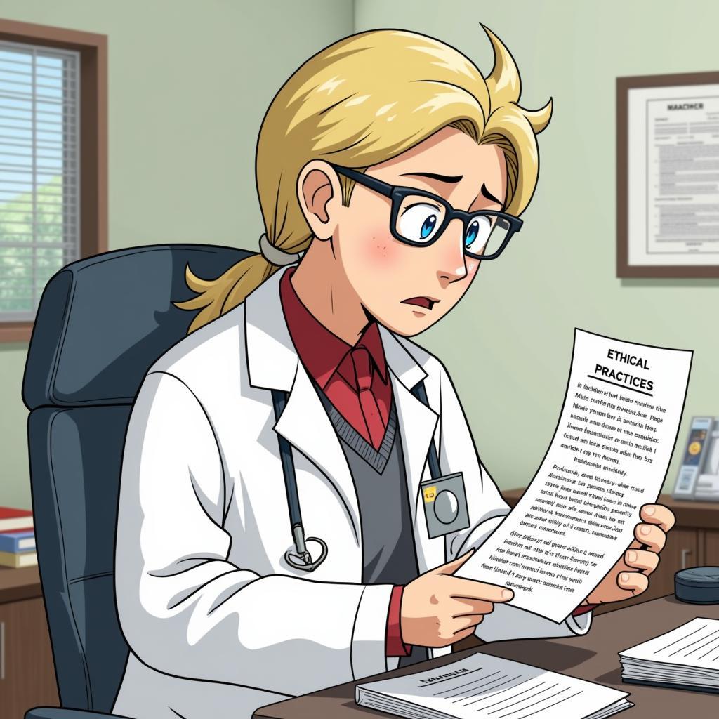 A Pokemon professor reviewing ethical guidelines for Pokemon research in their laboratory.