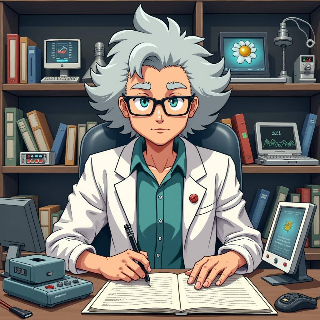 Professor Oak in his lab conducting research on Pokemon.