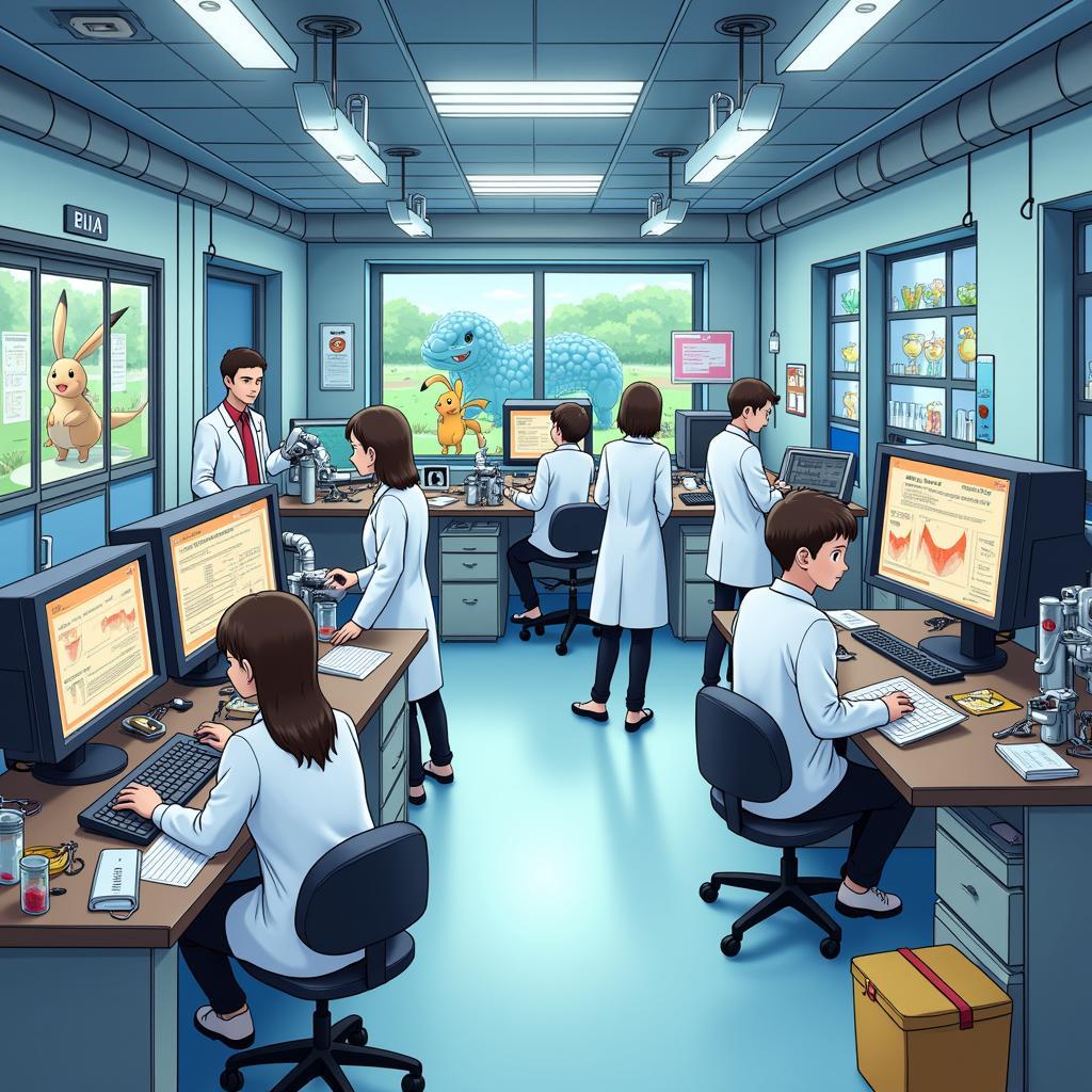 Scientists working in a bustling Pokemon research lab