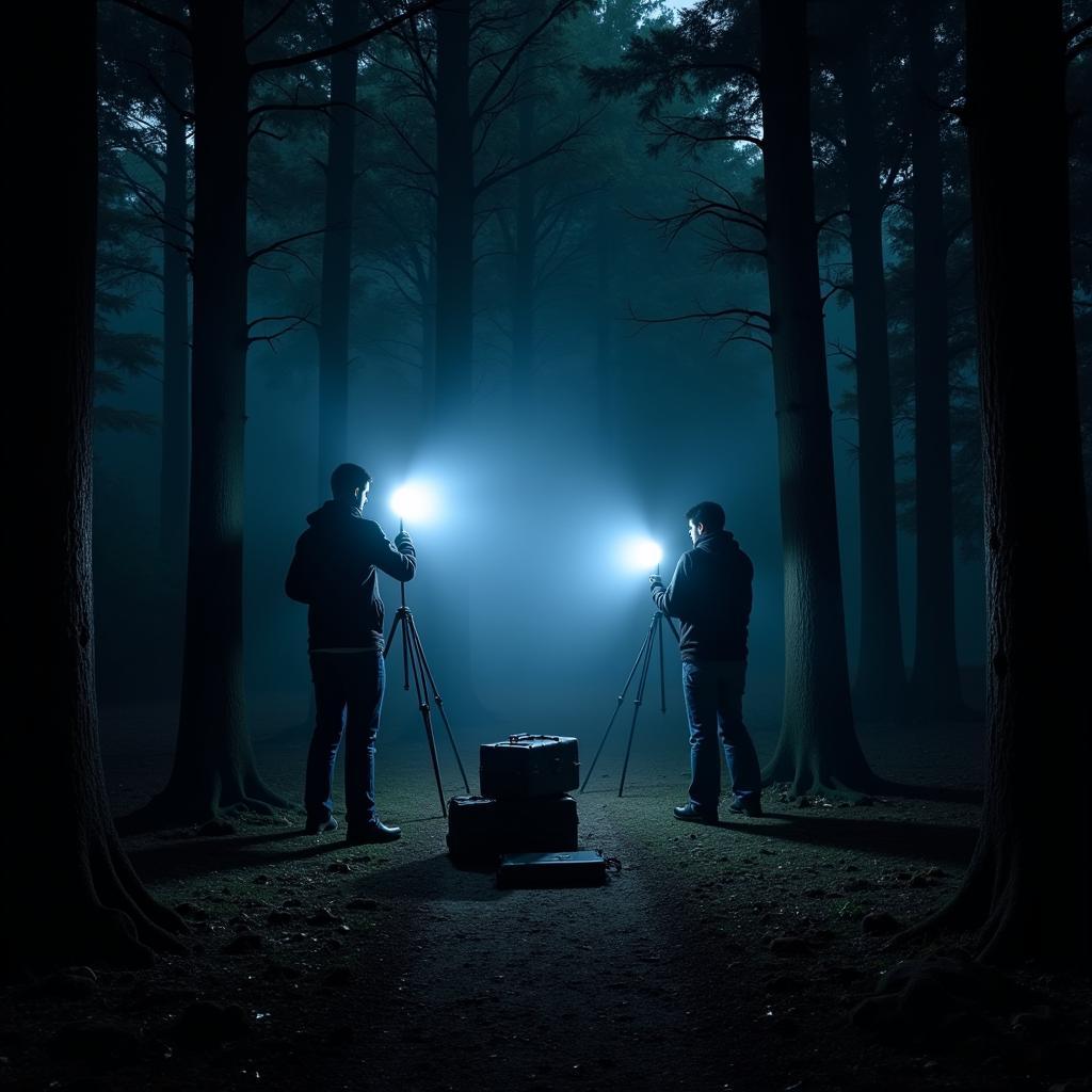 Paranormal investigators exploring the preserve at research park at night