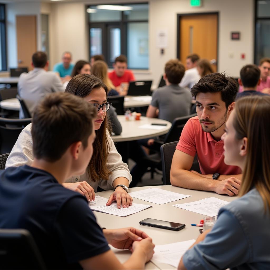 Students discussing future research opportunities at the Purdue Undergraduate Research Conference