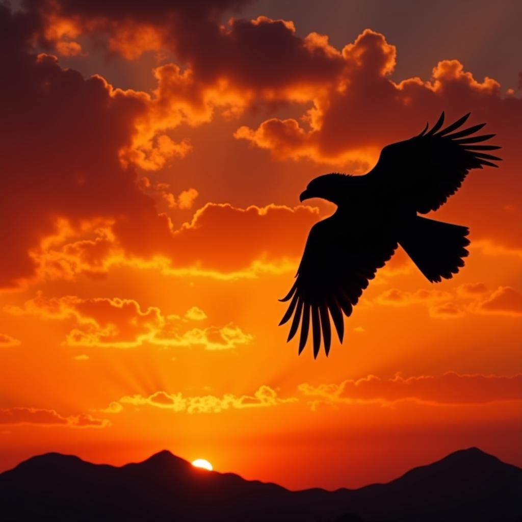 Raptor soaring in the sky at sunset