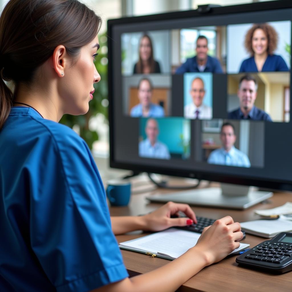 A remote research nurse engaging in a video conference with colleagues, demonstrating effective communication and collaboration.