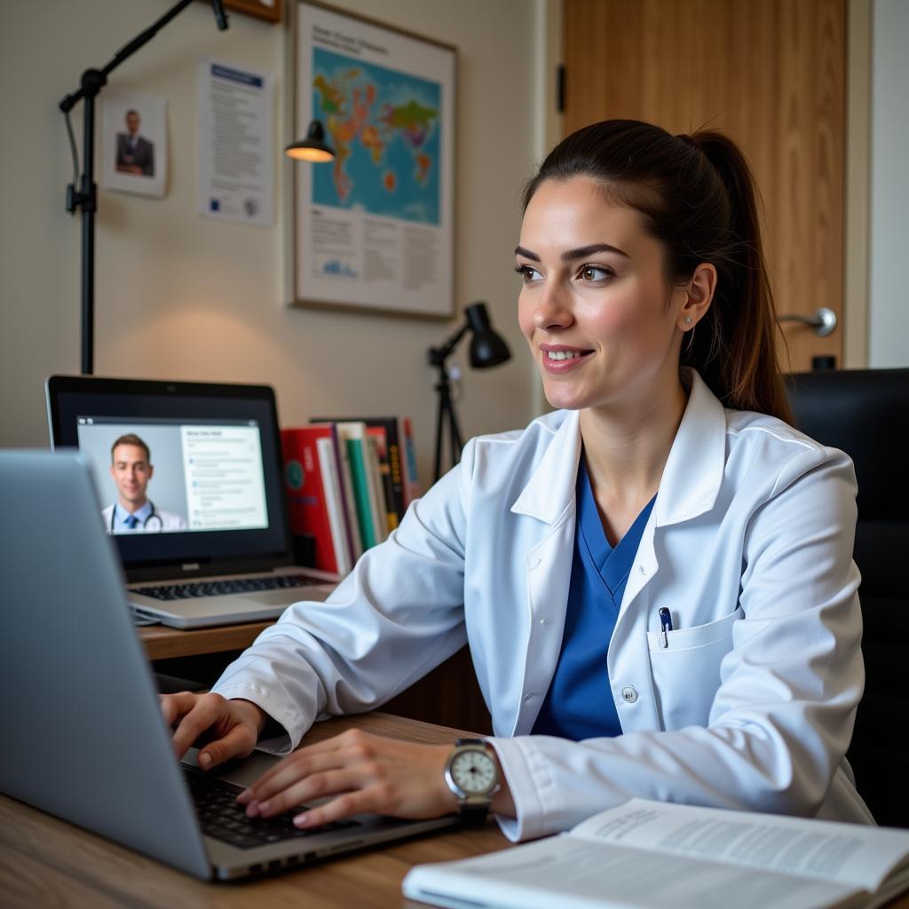 A research nurse working diligently from her home office, surrounded by medical texts and a laptop.