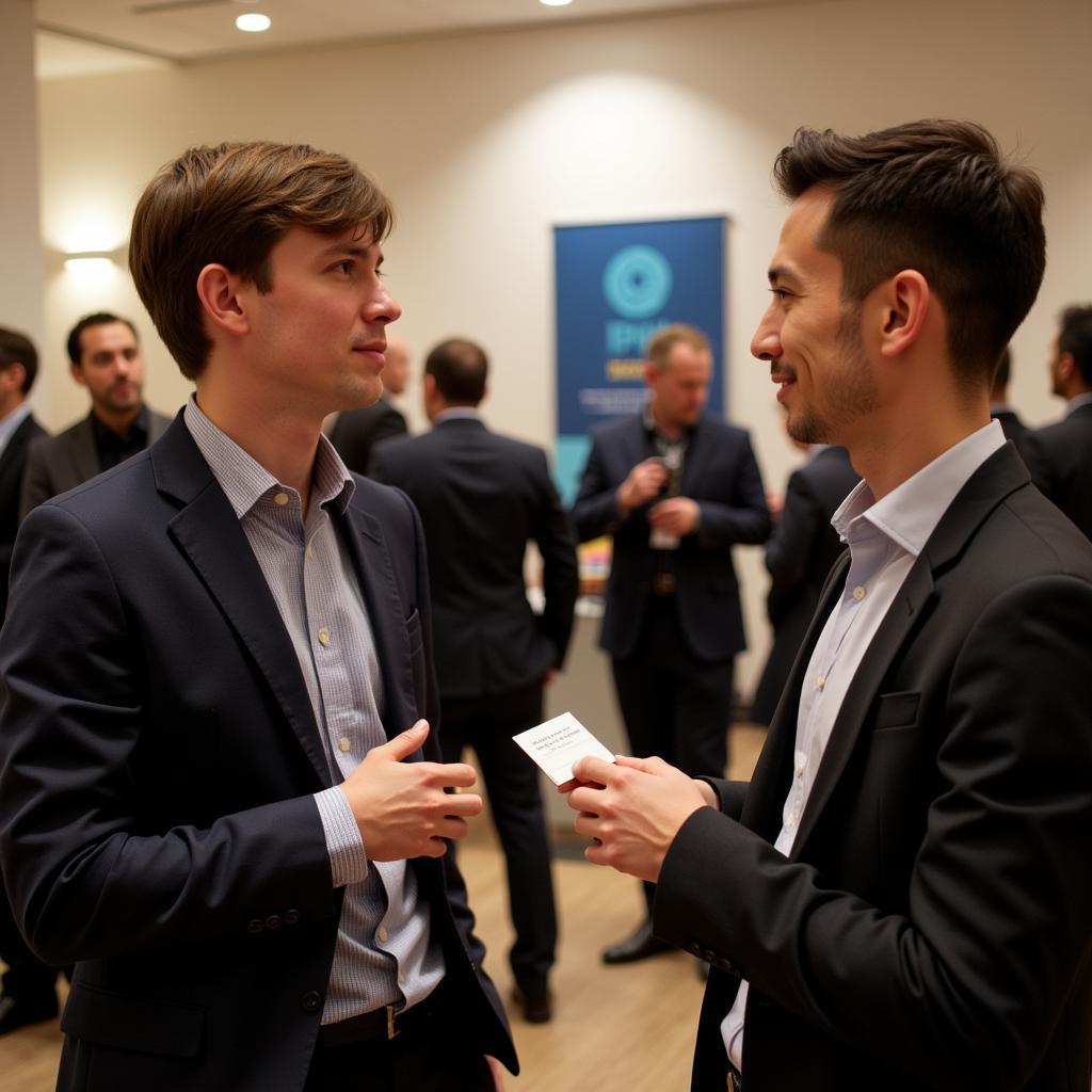 Research analyst intern actively networking with colleagues at a company event